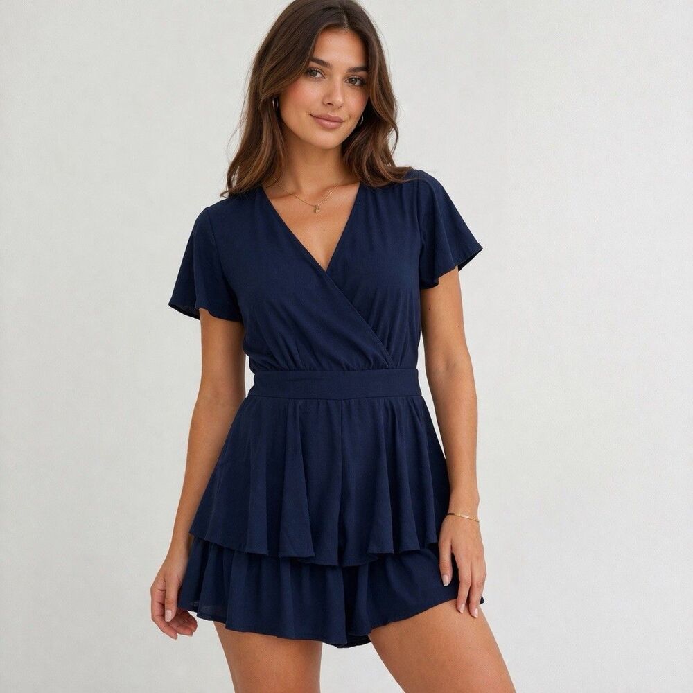 Altar'd State Flutter Sleeve Ruffle Navy Romper Tie Back Sz Medium Boho Fairy